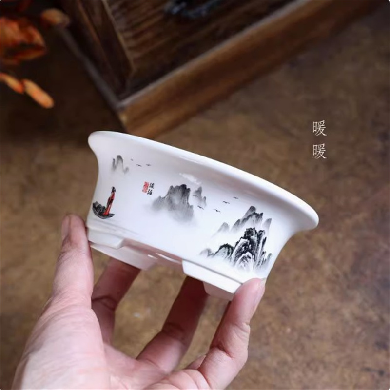 Plant Desk Mini - Porcelain White Oval Bonsai Pot,Mini Pot,Round,Small