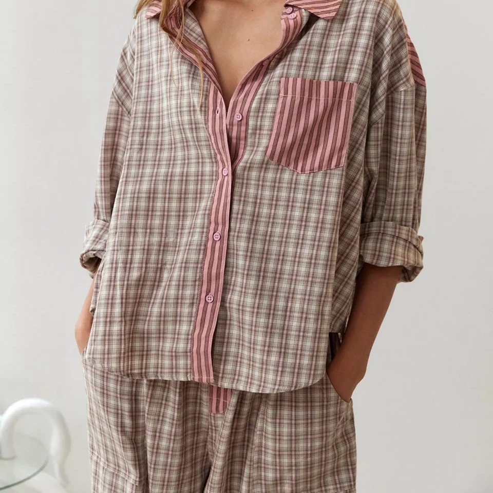 Stripe Plaid Patchwork Blouse  - Home Office 2024 のレビューと価格